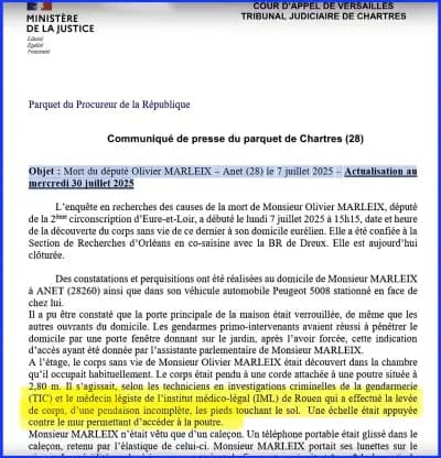 Communiqué de presse du parquet de Chartres (28)Objet Mort du député Olivier MARLEIX – Amet (28) le 7 juillet 2025 – Actualisation au mercredi 30 juillet 2025